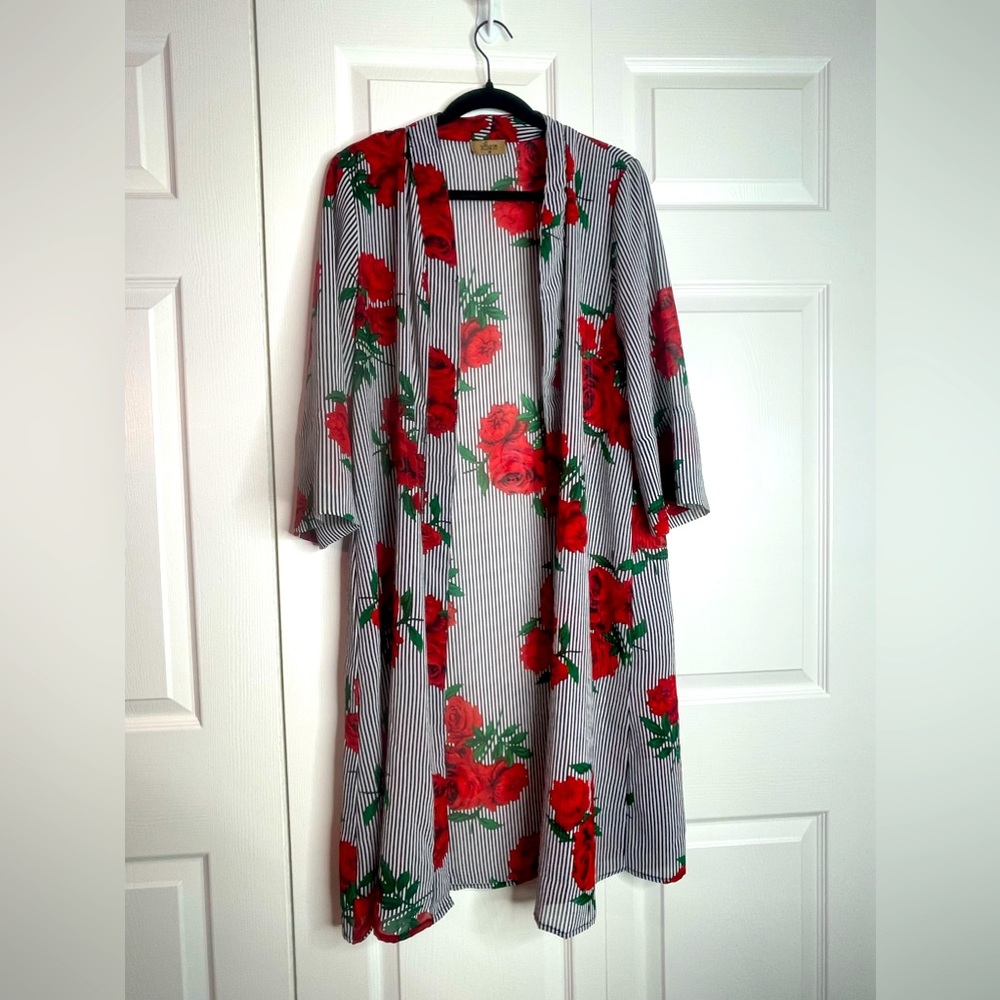 Floral Chiffon Kimono red roses